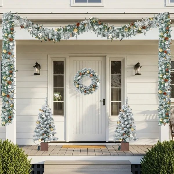 4-Piece Set, Christmas Garland, Wreath And Set Of 2 Entrance Trees With Warm White LED Lights And Remote Control