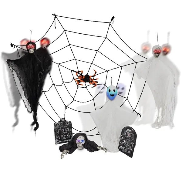 8-Piece Set, Hanging Ghosts Decor And Cobweb And Gravestone With Lighted Up Eyes