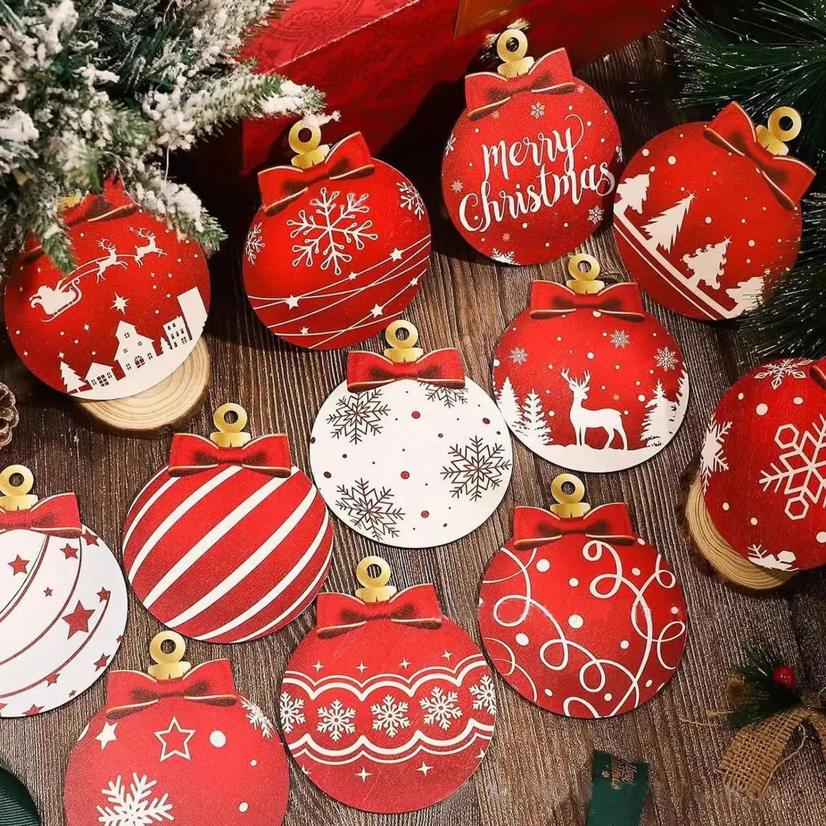 12Pcs Red and White Christmas Design Hanging Wooden Ornaments Set - Image 5