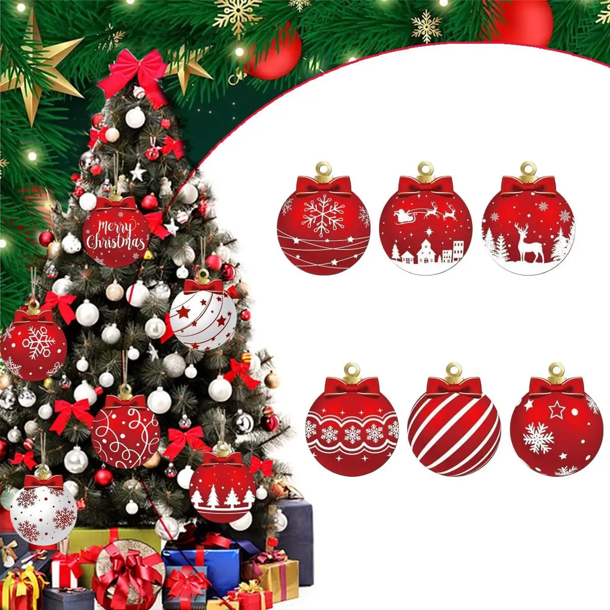12Pcs Red and White Christmas Design Hanging Wooden Ornaments Set
