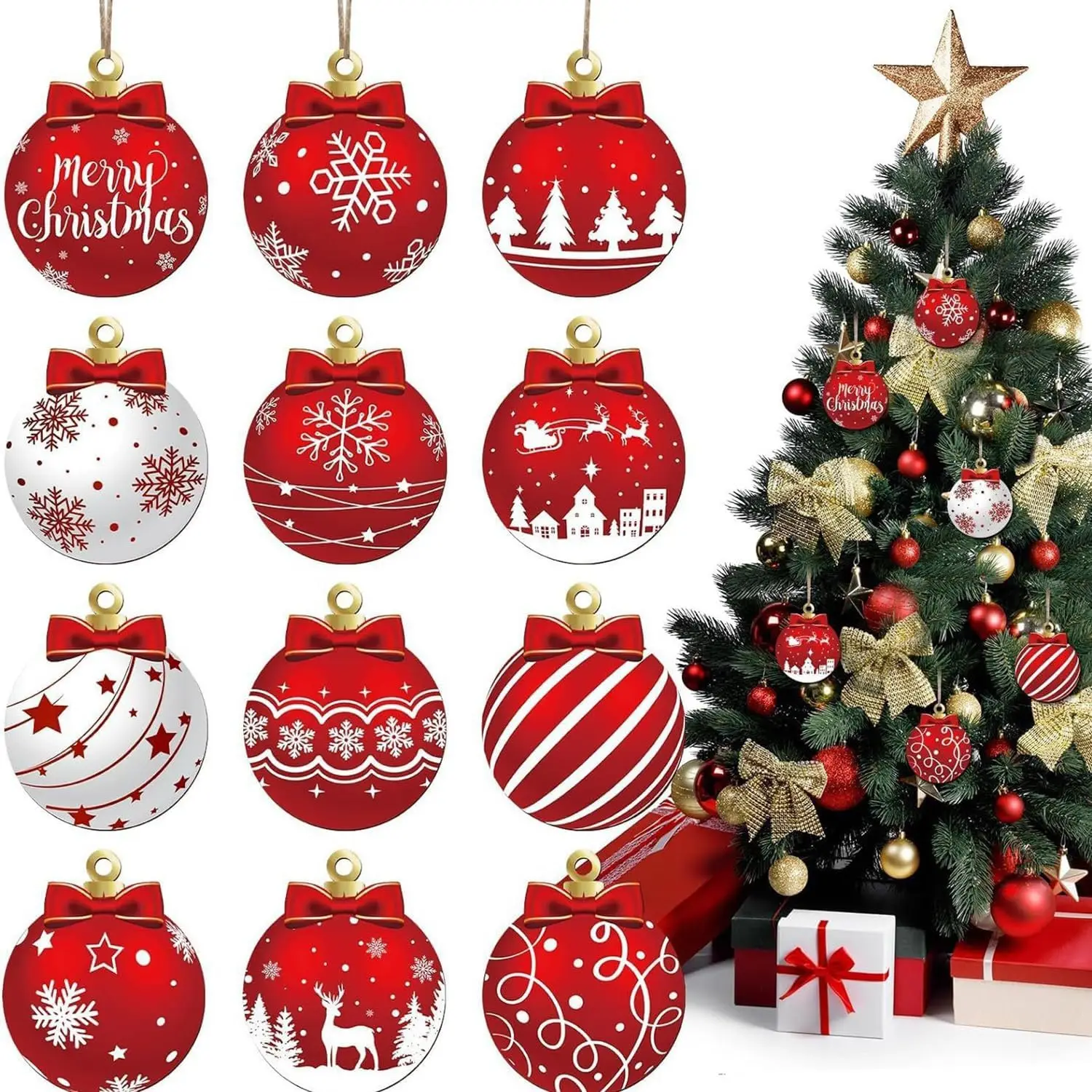12Pcs Red and White Christmas Design Hanging Wooden Ornaments Set - Image 2