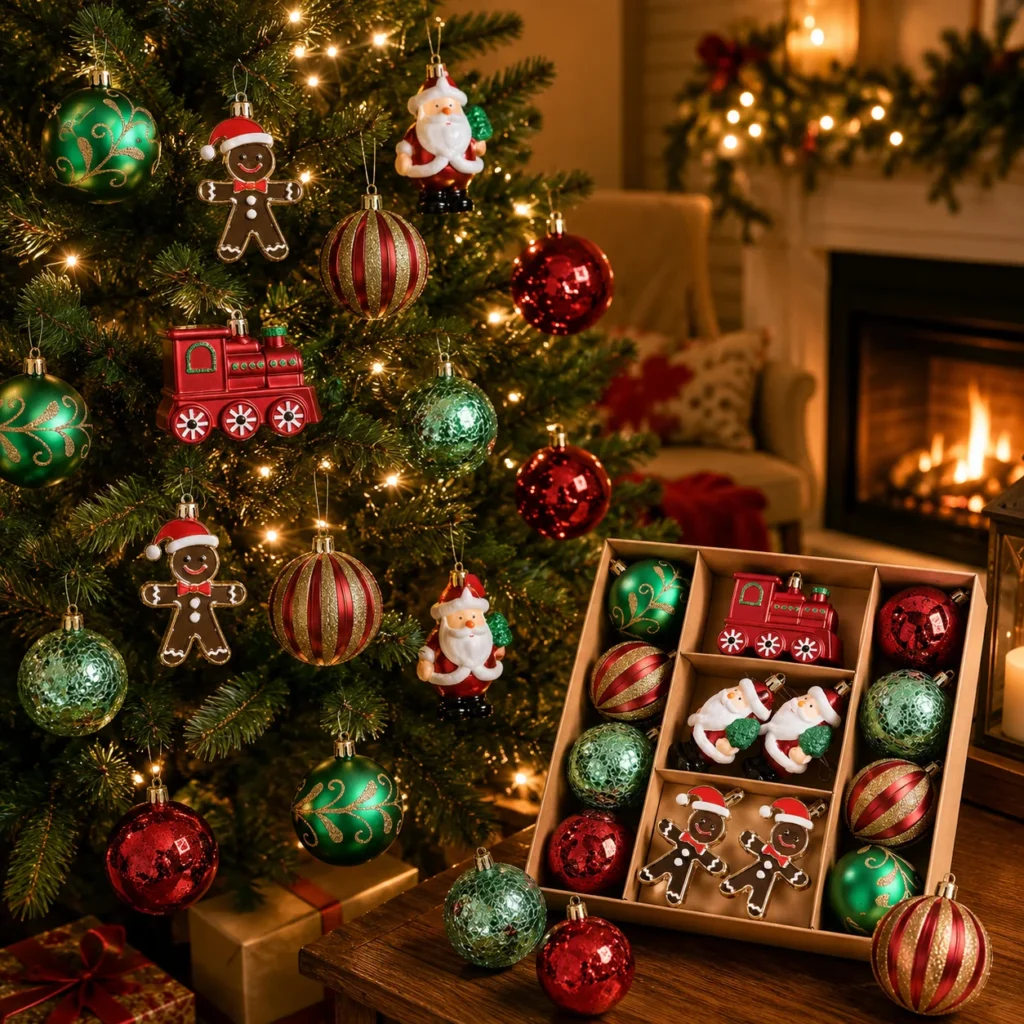 Tree Hanging Baubles Red Green Gold Santa Train Gingerbread