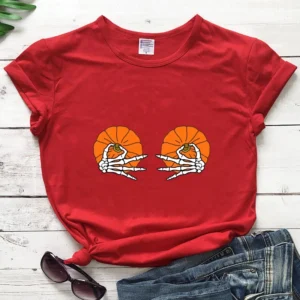 Funny Pumpkin Boobs T Shirt Women Spooky Holiday